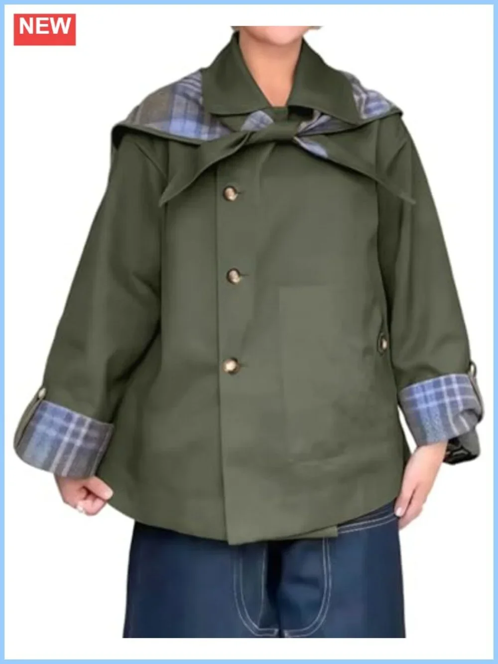 Reversible Plaid Women's Short Trench Coat Notch Collar Oversized Jacket Pockets